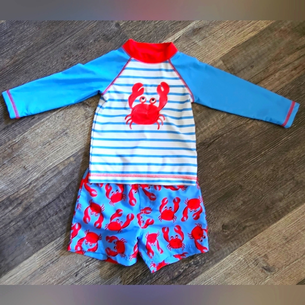 Little Me Crab Print Toddler Swim Set - Blue and Red Size 18 Months